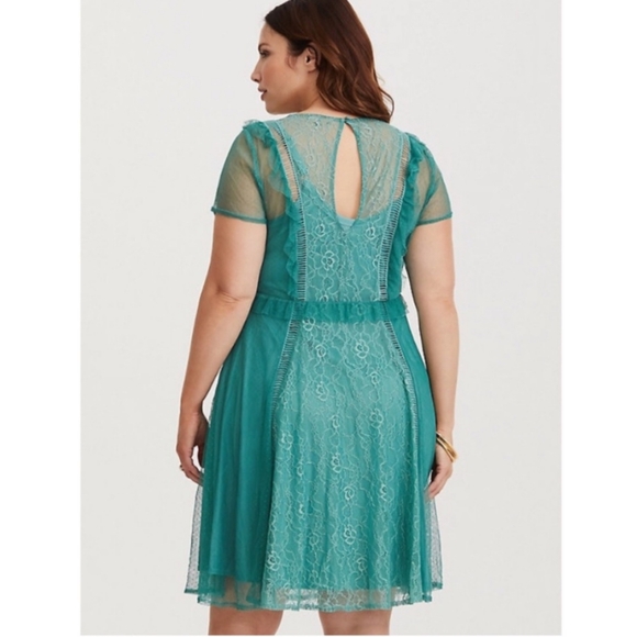 TORRID Lace & Mesh Teal Skater Dress - Picture 2 of 10
